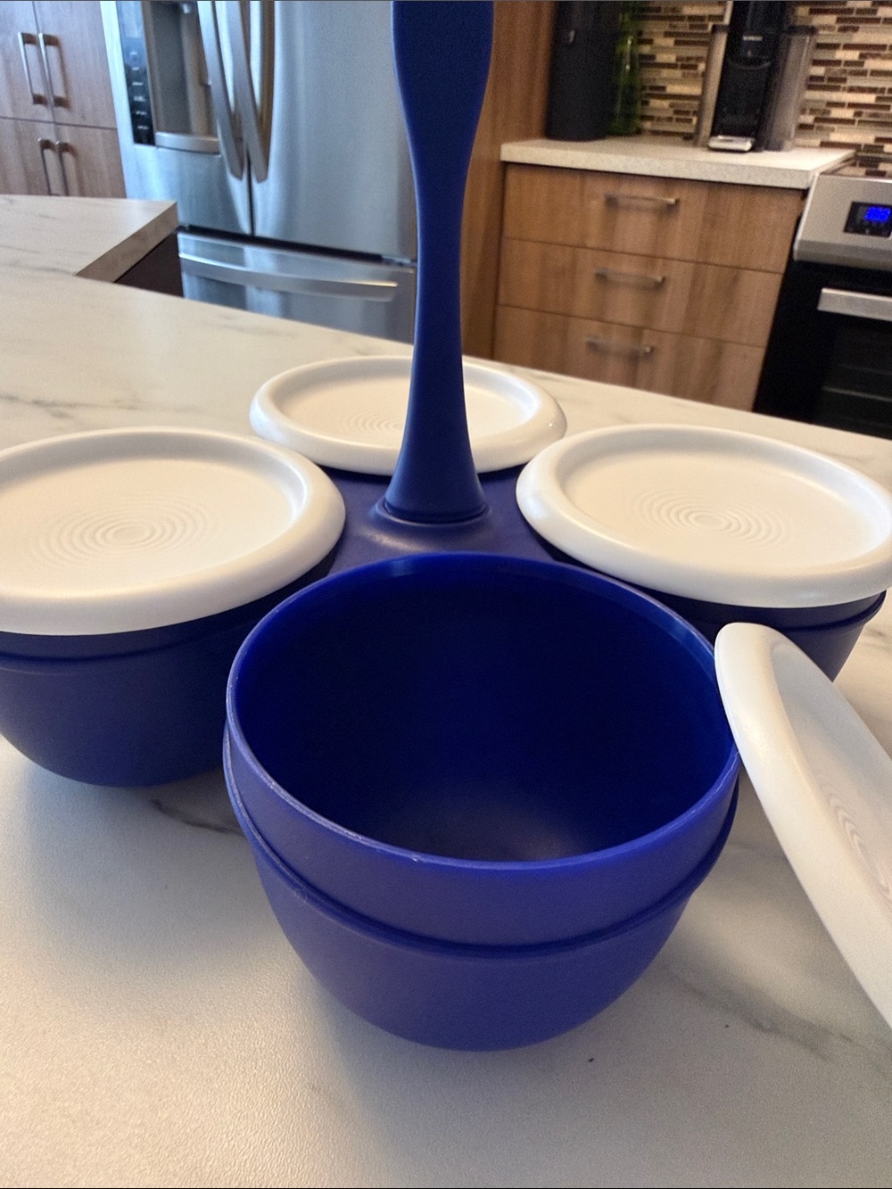 Tupperware Snack Bowl Set with Stand – 4 x 250 mL Containers – Blue & White